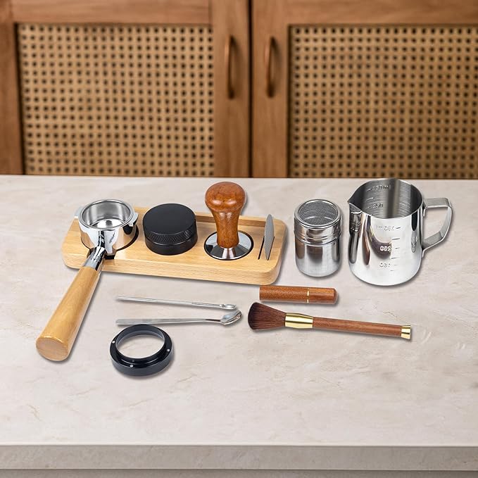 28PCS Espresso Accessories Kit,58mm Espresso Tamper Tools,Includes Wood Station,Distributor,Stirrer,Dosing Funnel,Brush,Puck Screen,Frothing Pitcher,Latte Pen,Powder Ring,Towel,Decorative Stencils