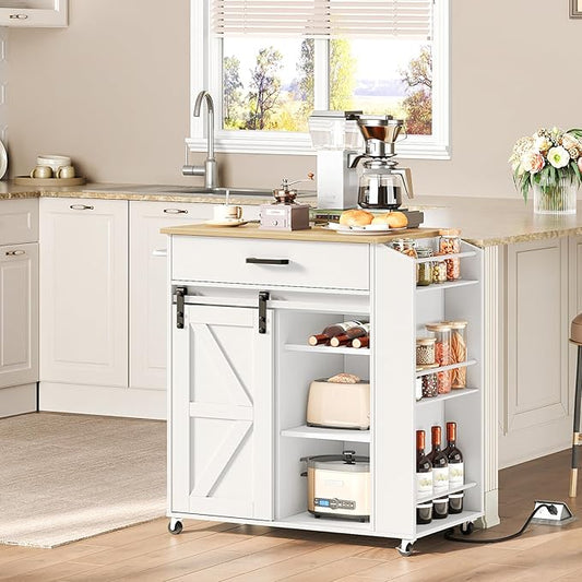 HOOBRO Kitchen Island on Wheels, Rolling Island Cart with Power Outlet, Kitchen Storage Table with Sliding Barn Doors, 1 Drawer and Spice Rack, for Home, Dining Room, White WN60UZD01