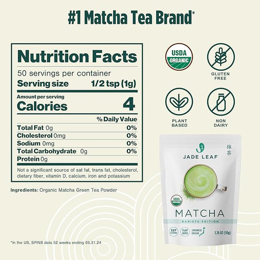 Jade Leaf Matcha Organic Premium Ceremonial Grade Matcha Green Tea Powder - Japanese - Culinary, Ingredient, Ceremonial Barista Teahouse, Latte, Collagen, 1.76 Ounce (Pack of 1), Ceremonial Barista