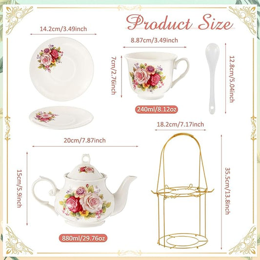 Zhehao 20 Pcs Porcelain Tea Set with Metal Holder and Spoon Adult Ceramic Tea Set European Flower Painting Teapot Cup Saucer Spoon for Women, Large Version(Modern Style)