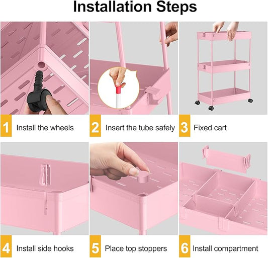 SPACELEAD 3 Tier Rolling Cart with Wheels, Storage Craft Art Trolley Organizer Serving, 3 Hanging Baskets Easy Assembly, for Office, Living Room, Kitchen, Pink