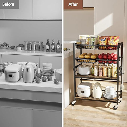 Fruit Vegetable Storage Cart, 4-Tier Rolling Kitchen Storage Cart, Fruit & Vegetables Basket Stand, Snack Organizer Shelf Unit for Kitchen, Bathroom, Living Room, Office, Balcony, Black