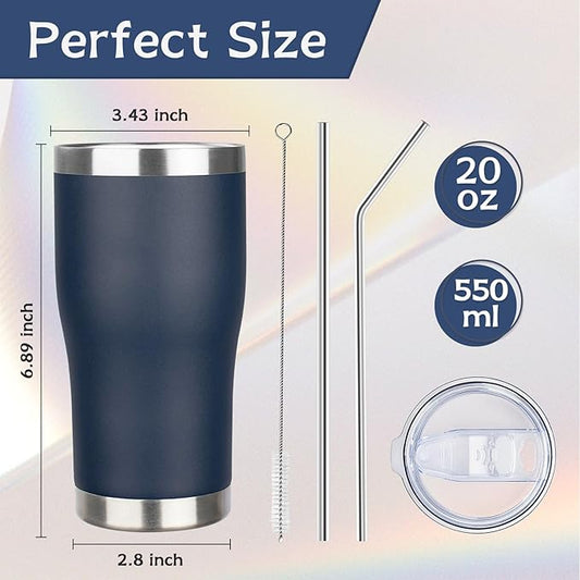 MEZMUT 20oz Coffee Tumbler with Lid and Straw Double Wall Vacuum Insulated Cup Stainless Steel Travel Mugs Insulated for Hot Cold Leakproof Powder Coated Tumbler for Indoor Outdoor(Navy Blue, 4)