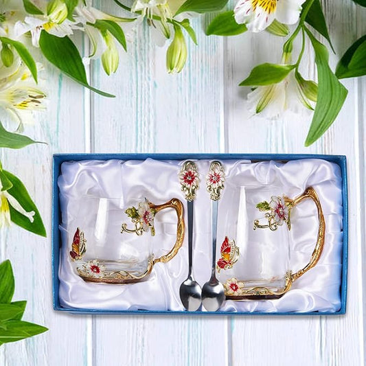 Tea Cup Glass Coffee Mugs,Fancy Tea Cup Set Birthday Christmas Valentine's Day Gift Idea for Tea Lover and Women Novelty Coffee Mugs Rose Flower Enamel Tea Cup Glass Mug with Spoon