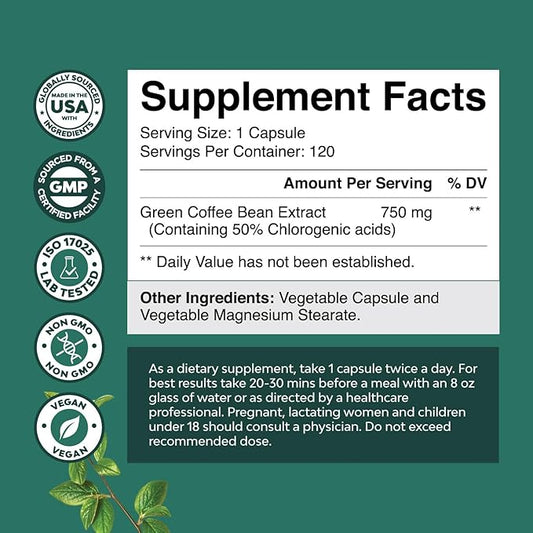 Bundle of Green Coffee Bean Extract - for Weight Loss Appetite Suppressant with Chlorogenic Acid - Herbal Fat Burner - 750 mg Energy Booster Potent Formula for Women & Men - 120 Count & 60 Count