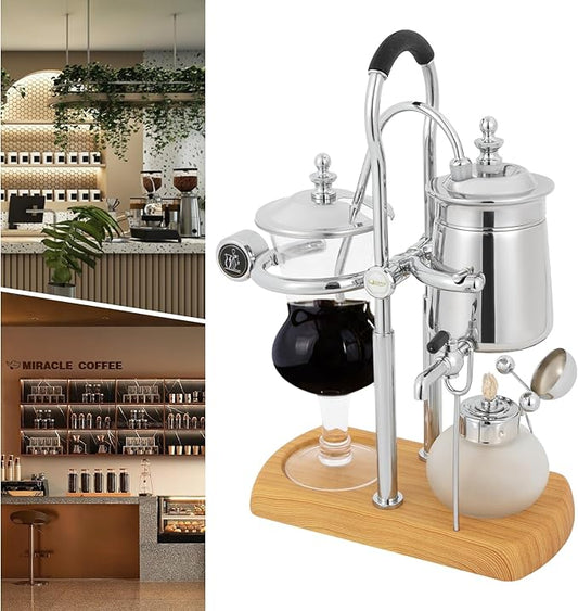 Belgian/Belgium Luxury Royal Family Balance Syphon Coffee Maker Coffee Pot Unique Gravity Vintage Coffee Maker 13.53oz Beautiful Turkish Coffee Maker Vacuum Brewing System (Silver)