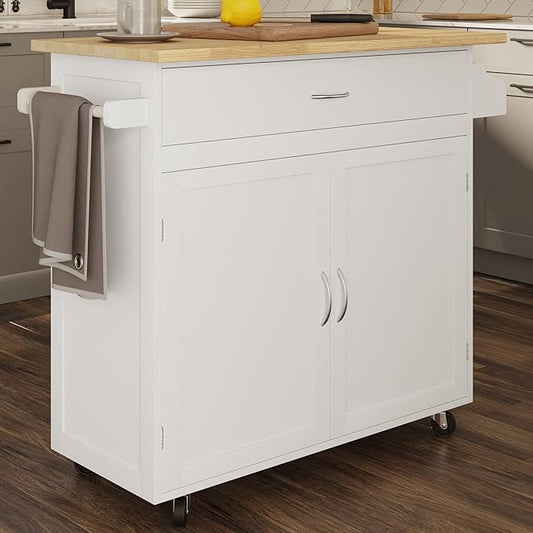 Lavish Home Kitchen Island Cart – Rolling Kitchen Table with Spice Rack, Towel Rack, Storage Drawers & Cabinet – Mobile Coffee Bar & Additional Counter Space (White)