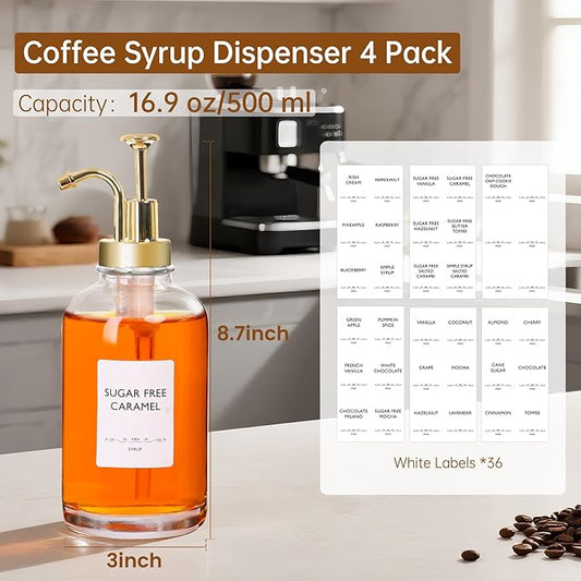 STARSIDE Coffee Bar Accessories 4 Pack - 16.9 oz/500 ml Glass Syrup Dispenser with Leakproof Gold Curved Pumps for Home Coffee, Cafes, Cocktails - Includes 31 Printed Labels, 5 Blank Labels