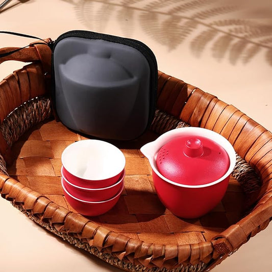 Porcelain Chinese Gongfu Tea Sets for Adults Ceramic japanese Tea Set Portable Kungfu Gaiwan Teapot and Cup Set Small Travel Teaset with Lid for Home Gifting Outdoor and Office (Red)