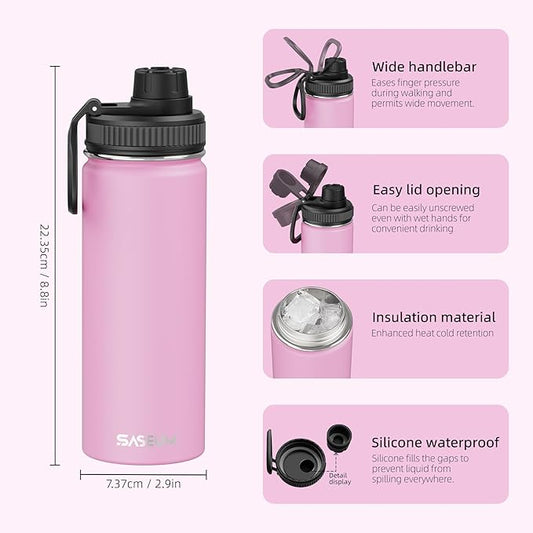 SASEUM Sport Water Bottle 18oz Stainless Steel Double Wall Vacuum Thermal Mug with Leak Proof Spout Lids, Wide Mouth Metal Insulated Water Jug for Gym and Travel(Pink)