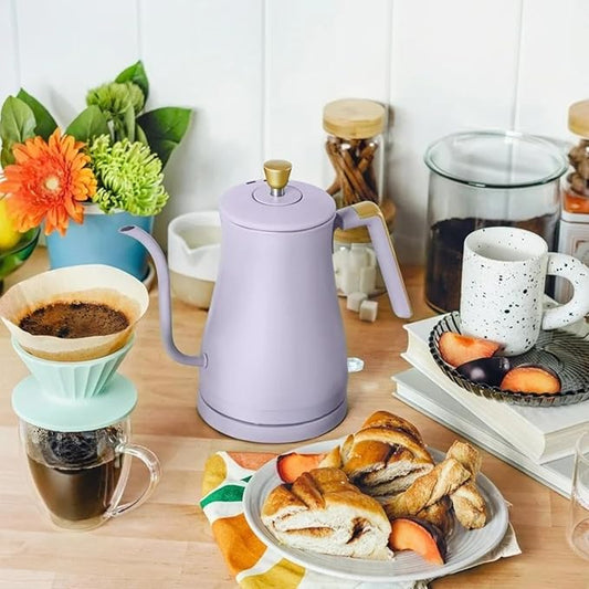 Electric Gooseneck Kettle 1 Liter 1200W, Stainless Steel, Pour Over Coffee Tea, Auto Shut-Off, 360° Cordless Power Base (Lavender)
