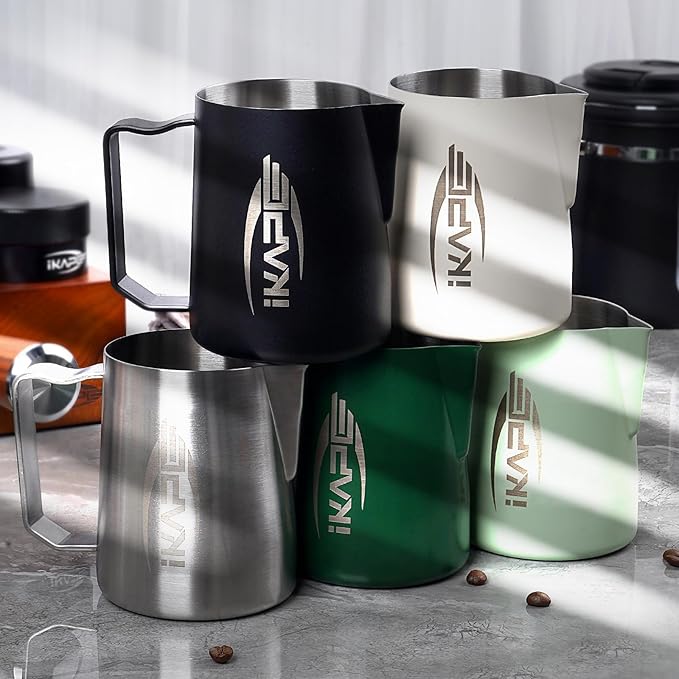 IKAPE Espresso Milk Pitcher, Espresso Steaming Pitcher with Sharp Spout for Espresso Barista Tool, 20.3 oz / 600ml Milk Frothing Jug (White)