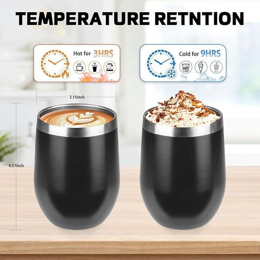 StarSpeed 12oz/12 Pack Wine Tumbler with lid, Stainless Steel Travel Mugs Stemless Double Wall Insulated Coffee Cup, Insulated Wine Glasses Travel Tumbler for Cold & Hot Drinks(Black, 12)
