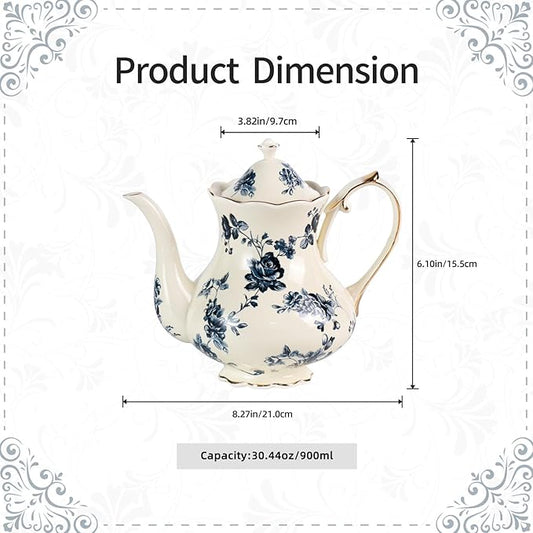 KAMMAK Teapot with Handle, Vintage Porcelain Tea Pot with Gold Trim, Blooming & Loose Leaf Teapot, Festive Holiday Serveware, Gifts for Women, Blue Flowers - 30 oz