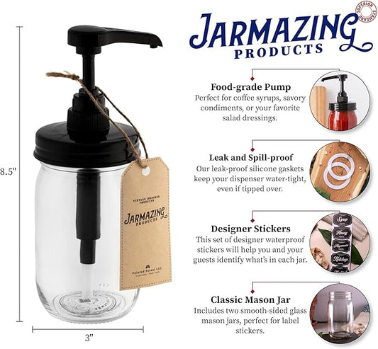 Jarmazing Products Mason Jar Syrup Dispenser - Set of 2 – 16 oz Smooth Jars with Rust-Proof, Leak-Proof, Food Grade Pumps for Honey, Syrups, Condiments, Salad Dressings and More