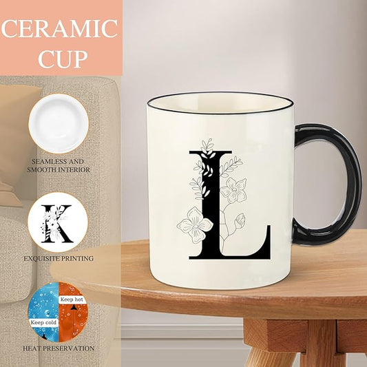 Monogram Ceramic Coffee Mugs, 11 oz Initial Drinking Cup with Gift Box, Unique Birthday Valentines Day Gifts for Women Wife Mothers Day Grandma Mom Aunt, L
