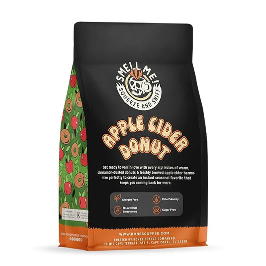 Bones Coffee Company Apple Cider Donut Flavored Coffee, Medium Roast Low Acid Arabica Beans Compatible with Auto drip and French Press Coffee Maker, 12 Oz Whole Bean
