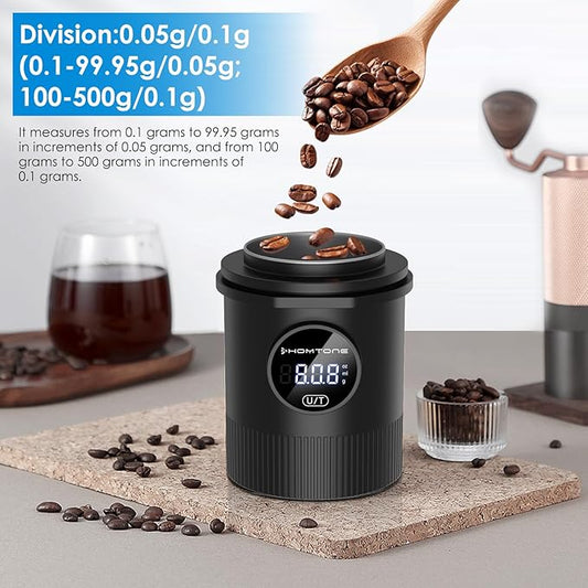 HOMTONE Espresso Dosing Cup & Digital Scale Combo - 0.05g Precision, USB-C Rechargeable, 58mm Portafilter Compatible - Stainless Steel Interior, Black