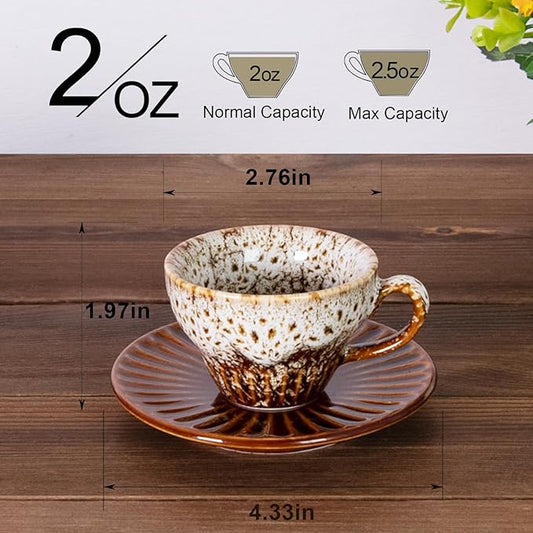 YINUOWEI 2 oz Espresso Cups Set of 2, Ceramic Cappuccino Cups with Saucers, Durable Porcelain Tea Set & Modern Coffee Cup Collection, Coffee Lover Gifts, Glazed White