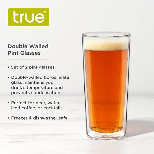 True Double Walled Beer Glasses, Pint Glasses for Beers, Water, Iced Coffee, Cocktails, Game Night, Beer Gifts for Men, BBQ Outdoor Party, Home Bar Accessories, Kitchen Glassware, 16 oz, Set of 2