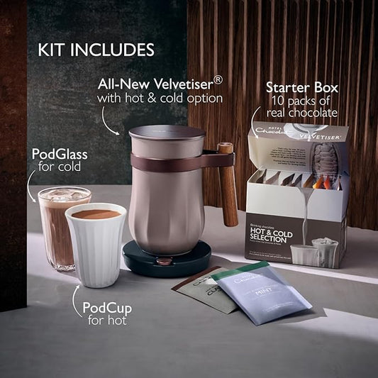 Hot & Cold Drinking Chocolate System - The ALL-NEW Velvetiser from Hotel Chocolat - Kit includes hot chocolate maker, 10 serving taster box, mug and glass - Pewter Edition