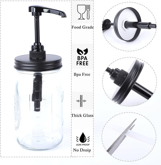 GMEPOCH 32 oz Mason Syrup Sauce Honey Dispenser Pump Bottle 1 Quart Wide Mouth Glass Coffee Syrup Condiment Ketchup Container Food Grade Airtight & Leak-Proof