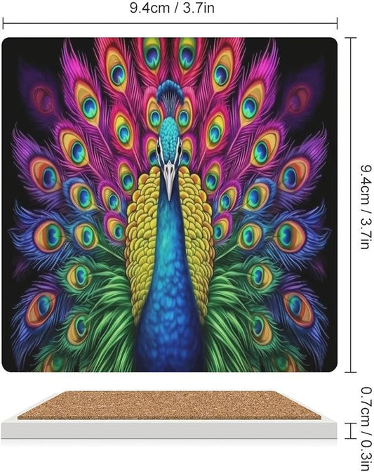 Peacock Drink Coasters, Square Ceramic Drink Coaster Square-4PCS, Vintage Country Beautiful Colorful Peacock Decor Absorbent Ceramic Coasters for Beverage Cup, Bar, Coffee Table