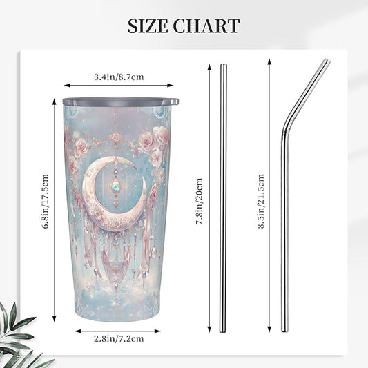 Moon Tumbler with Lid and Straw 20oz Coffee Tumblers Leakproof Stainless Steel Travel Mug Vacuum Insulated Cup for Iced and Hot