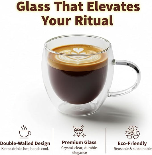 Double Walled Coffee Cups Glasses Mugs 9oz Set of 4 | Heat Resistant Borosilicate Clear Glass Espresso Latte Cappuccino Tea Cups with Handle | Insulated Glass Coffee Mugs Ideal for Gifting