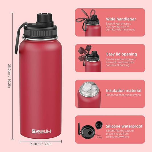 SASEUM Sport Water Bottle 32oz Stainless Steel Double Wall Vacuum Thermal Mug with Leak Proof Spout Lids, Wide Mouth Metal Insulated Water Jug for Gym and Travel(Red)