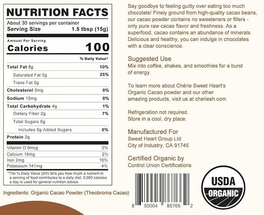 Cherie Sweet Heart Cacao Powder (16 Ounces / 1 Pound) Cocoa Chocolate Substitute, Certified Organic, Sugar-Free, Keto, Vegan & Non-GMO, Antioxidant Superfood