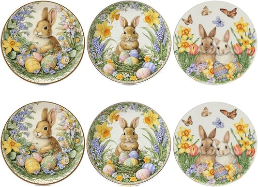 Easter Bunny Coasters for Drinks with Holder Round Leather Coasters Set of 6 Cups Mugs Mat Pad for Home Kitchen Bar