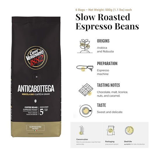 Caffe Vergnano 1882 Antica Bottega Whole Bean Arabica Medium Roast Espresso, 1.1 lbs Bag - Italian Coffee Beans with notes of Chocolate, Nuts & Caramel, Intensity 5/10-500g Bag (6 Pack)