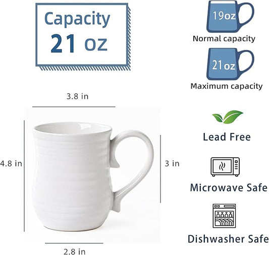 21 oz Large Ceramic Coffee Mugs, Handmade Cup with Large Handle, Big Tea and Coffee Cups for Office and Home, Microwave and Dishwasher Safe (White)