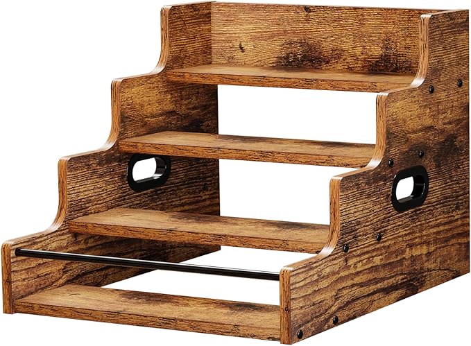 KLM Liquor Bottle Display Shelf, Coffee Syrup Rack Organizer, 4 Step Countertop Liquor Wine Rack, mini bar,liquor cabinet, Home Retro Bar Shelf Stand for Liquor Whiskey, (Brown)