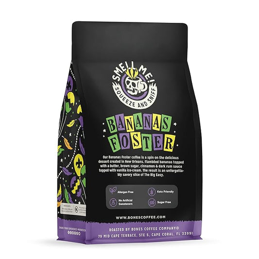 Bones Coffee Company Bananas Foster, Banana, Rum and Vanilla Flavored Coffee, Medium Roast Low Acid Arabica Beans Compatible with Auto drip and French Press Coffee Maker, 12 Oz Ground