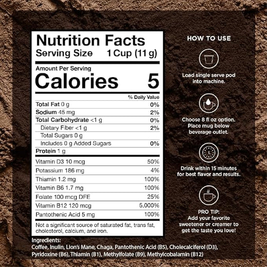 VitaCup Mushroom Coffee Pods, Boost Focus & Immunity w/Lions Mane, Chaga, B Vitamins, D3 for Memory & Clarity, Medium Roast, Single Serve Pod Compatible w/Keurig K-Cup Brewers,64 Ct
