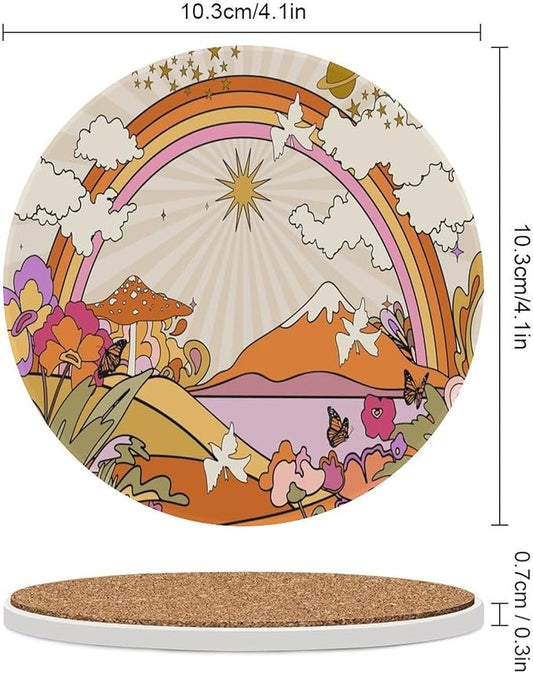 Round-6PCS Botanical Drink Coasters, Round Modern Ceramic Absorbent Coasters, Abstract Cartoon Colorful Mushroom Flower Butterfly Pattern Decor Desk Coffee Table Coaster for Beverage Cup Tea Coasters