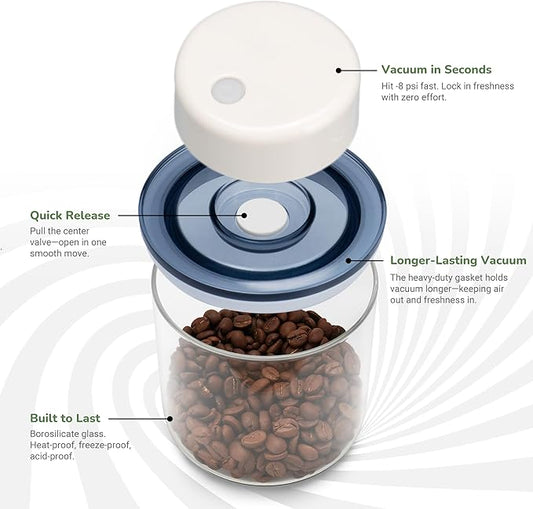 SealVax® Vacuum Coffee Canister Set – 19oz*2 & 32oz*2 Borosilicate Glass Jars with Airtight Lids + Electric Vacuum Sealer for Coffee Beans, Tea & Food Storage.