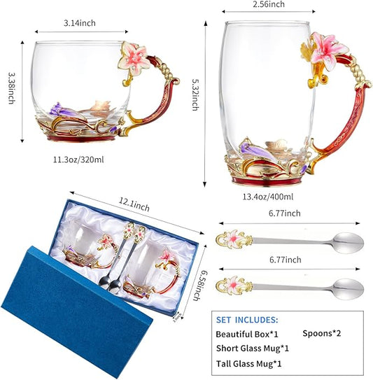 Tea Cup Glass Coffee Mugs,Fancy Tea Cup Set Birthday Christmas Valentine's Day Gift Idea for Tea Lover and Women Novelty Coffee Mugs Lily Flower Enamel Tea Cup with Spoon