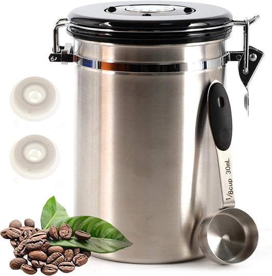 SUEIANNMN1.8L Coffee Canister Airtight, 26oz Coffee Storage Container Stainless Steel Air Tight Coffee Jar with Scoop, Date Tracker, 2 Extra CO2 Release Valve for Beans Ground Tea Flour Sugar (Sliver)