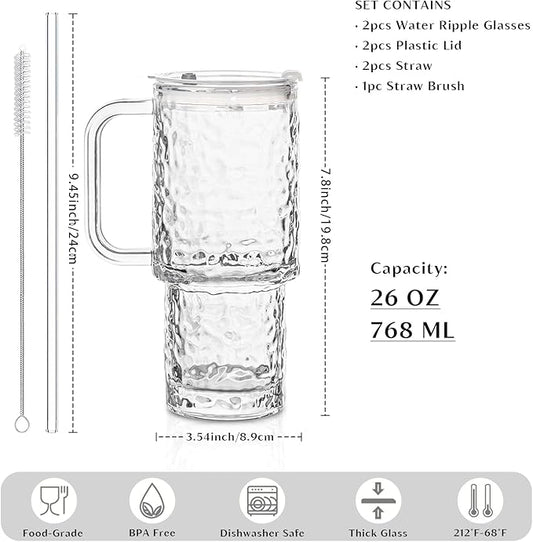 INSETLAN 26oz Water Ripple Glass Tumbler with Handle and Lid, Set of 2 – Reusable Iced Coffee Cups with Lids, Clear Glass Cups with Straw for Coffee, Smoothies, Tea, Juice – Perfect for any Occasion