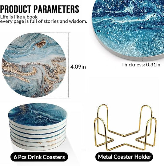 Ceramic Coasters Set of 6, Marble-Textured Design with Holder - Absorbent Cork-Backed Coasters for Cups, Bar & Coffee Table Decor Accessories (Blue Ocean, 6 Pack)