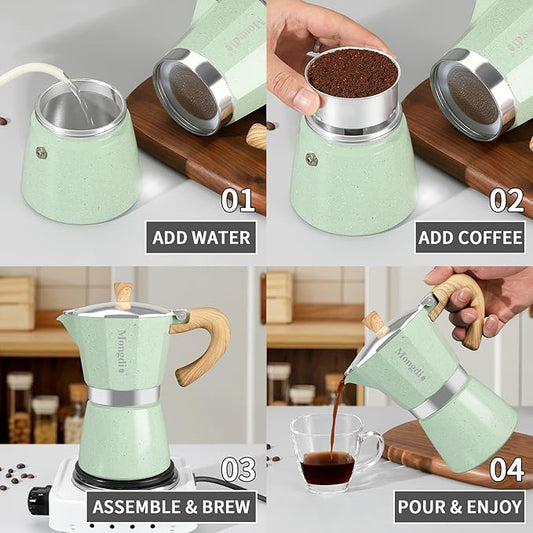 Mongdio Stovetop Espresso Maker Moka Pot, Cuban Coffee Maker Stove top coffee maker Moka Italian Espresso Greca Coffee Maker Brewer Percolator, 6 Espresso Cups, 10 oz - Green