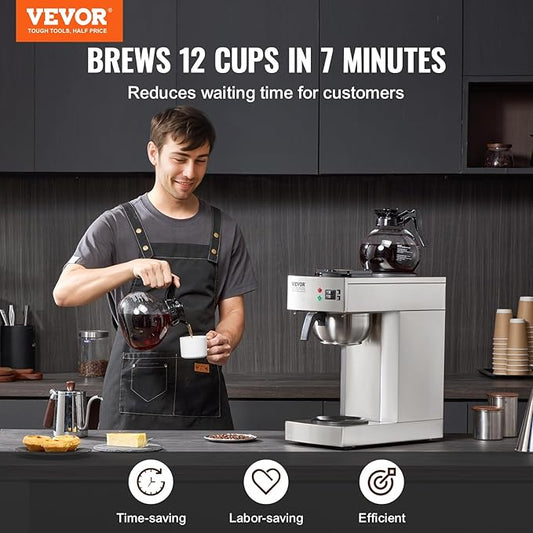 VEVOR 12 Cups Commercial Drip Coffee Maker, Coffee Maker Machine with 2 Glass Carafes and 2 Warmer Plates, Stainless Steel Pour Over Coffee Brewer for Restaurant, Office, Cafe