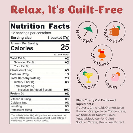 Craftmix Black Cherry Old Fashioned Cocktail & Mocktail Drink Mixer, Skinny Mixes - Water Flavoring Packets Made With Real Fruit - Vegan, Low-Carb, Low-Sugar, Non-GMO, Dairy Free, Gluten Free, 12 Pack