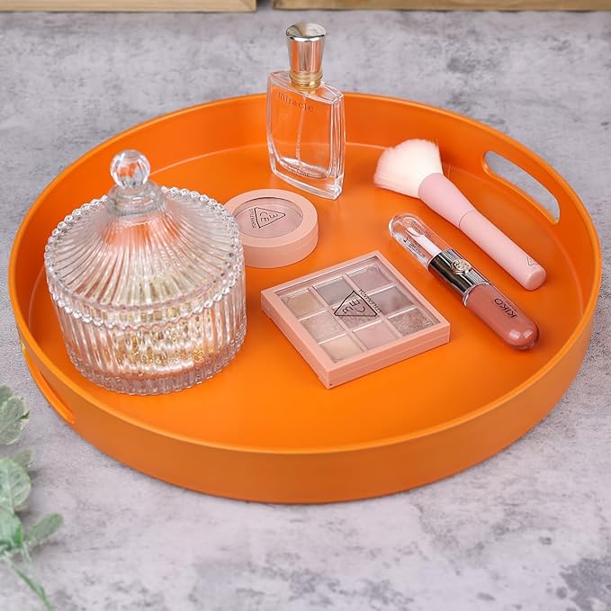 Round Orange Decorative Serving Tray with Handles, 13” Versatile Ottoman Tray for Coffee Table, Entertaining, Outdoor Patio, Living Room