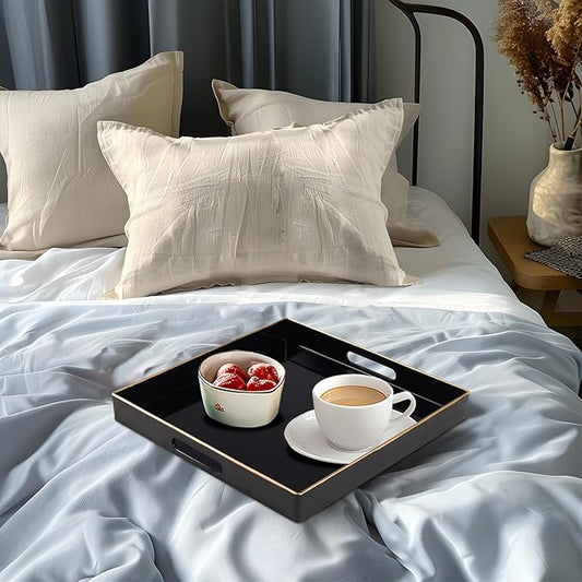 MAONAME Decorative Tray, Black Serving Tray with Handles, Coffee Table Trays, Square Plastic Trays for Ottoman, Bathroom, Kitchen, 13"x13"x1.57"