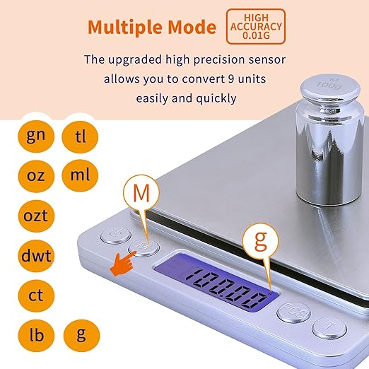 Barlunbee Gram Scale,Capacity 500g Accuracy 0.01g Mini Food Scales Digital Weight Grams and Oz,Small Kitchen High Precision for Espresso,Baking,Jewelry,Soap Making,Silver