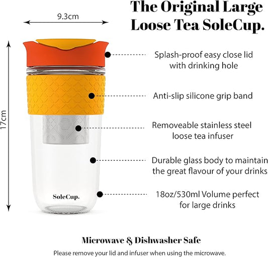 Large Travel Mug Loose Tea Infuser - Detachable Tea Strainer with Spill Proof Lid - 18oz/530ml BPA-Free Reusable Glass Travel Coffee Cup with Silicone Band (Red, 18oz)